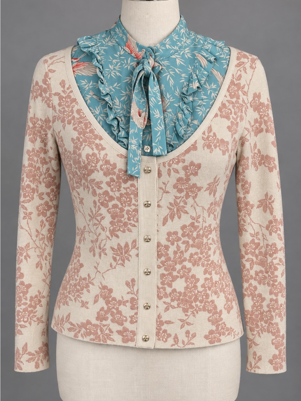 Elisabetta Franchi Floral Jacquard Cardigan LS Top Pink Ivory Womens Small